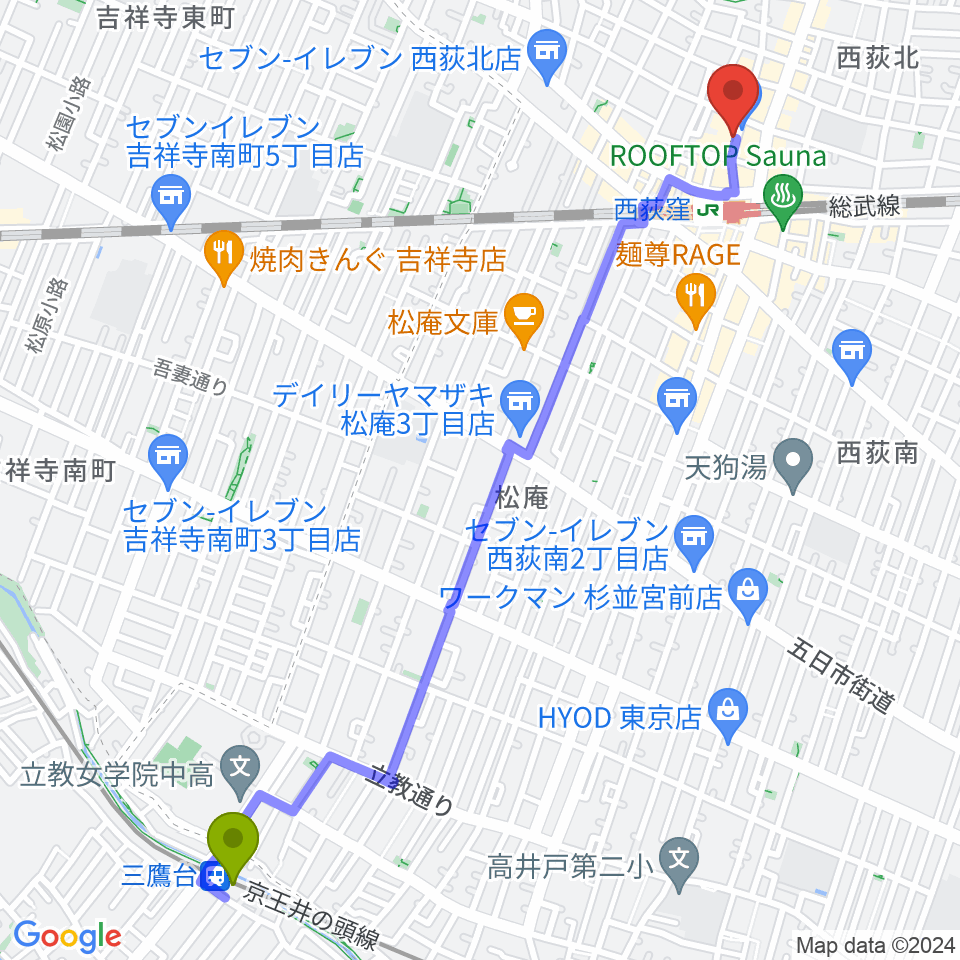 三鷹台駅から西荻窪テラへのルートマップ地図