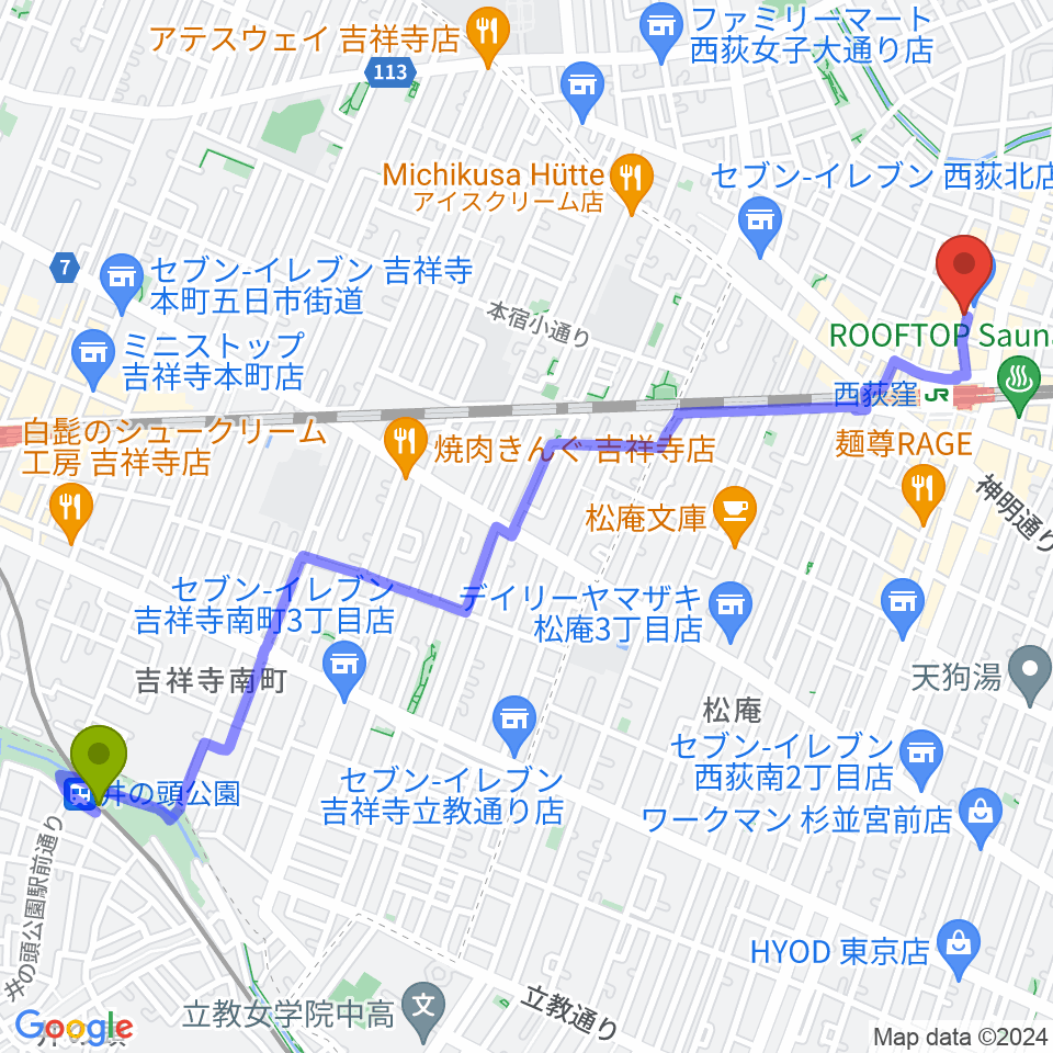 井の頭公園駅から西荻窪テラへのルートマップ地図