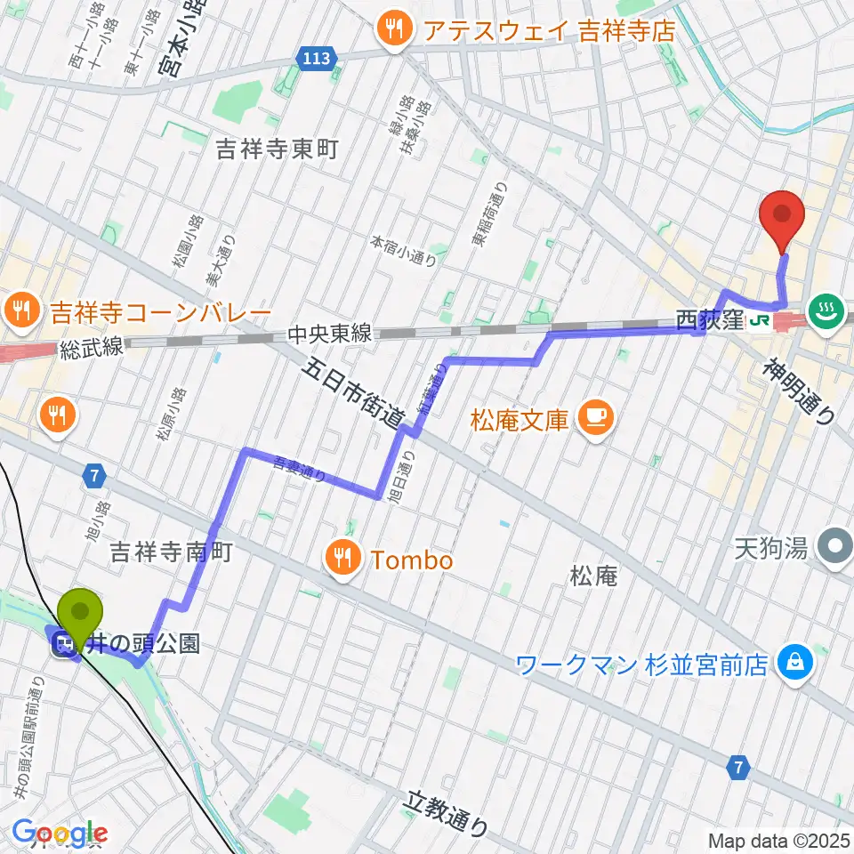 井の頭公園駅から西荻窪テラへのルートマップ地図