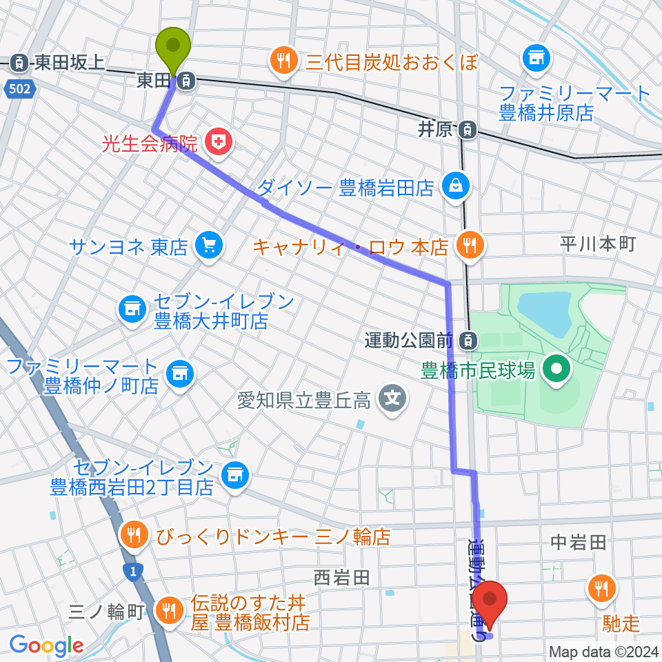 東田駅からオリエント楽器ミューズフォレスト豊が丘へのルートマップ地図