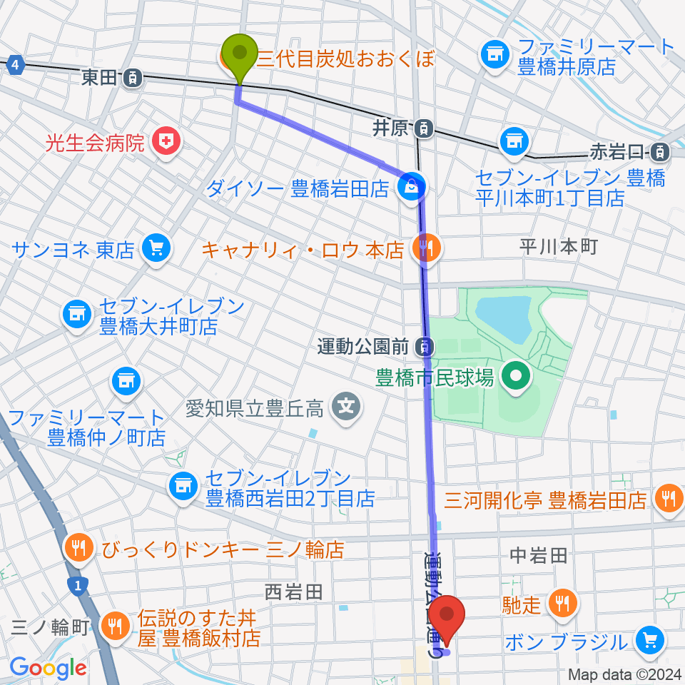 競輪場前駅からオリエント楽器ミューズフォレスト豊が丘へのルートマップ地図