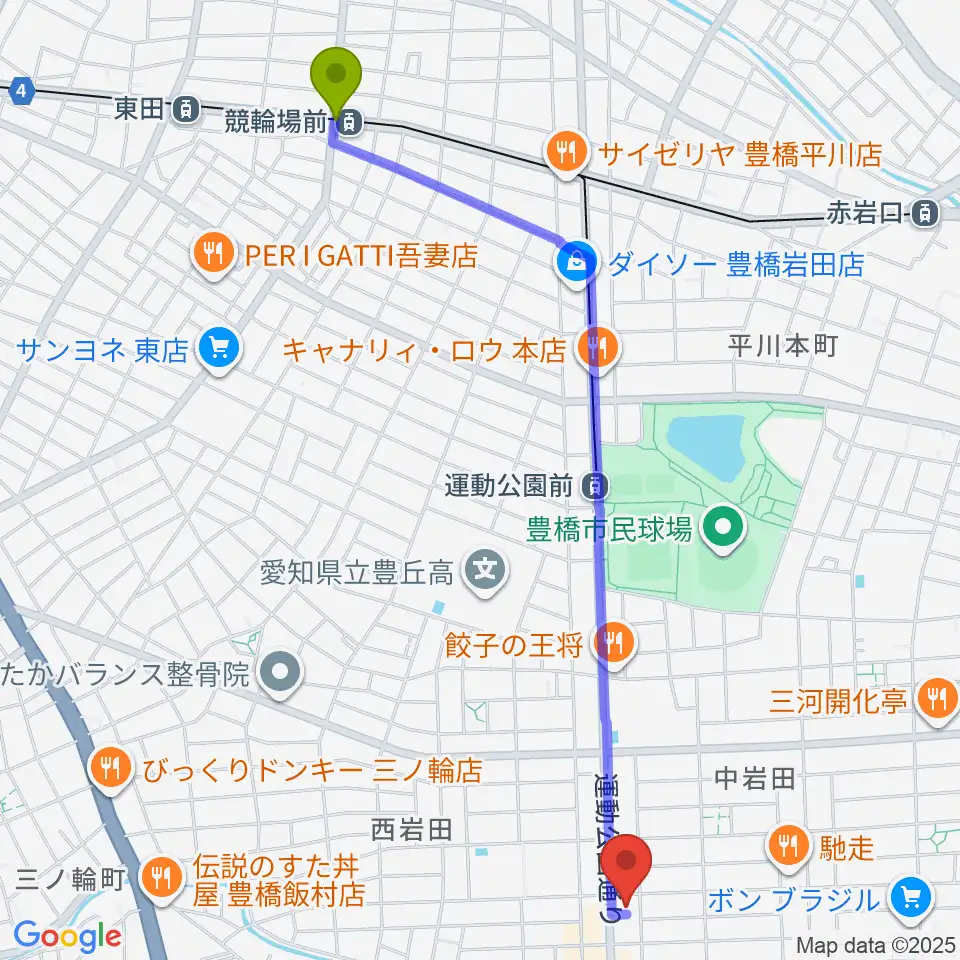 競輪場前駅からオリエント楽器ミューズフォレスト豊が丘へのルートマップ地図