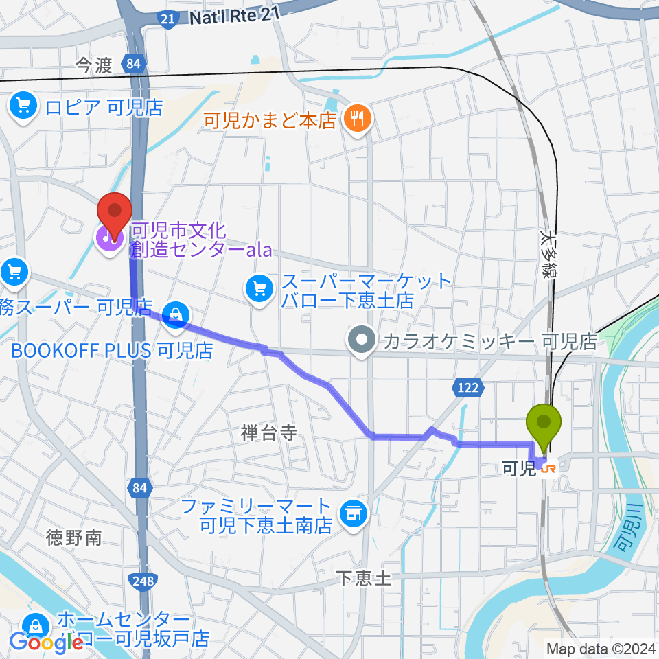 可児駅から可児市文化創造センターalaへのルートマップ地図