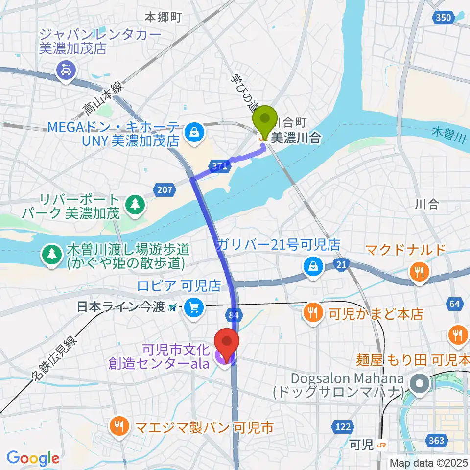 美濃川合駅から可児市文化創造センターalaへのルートマップ地図