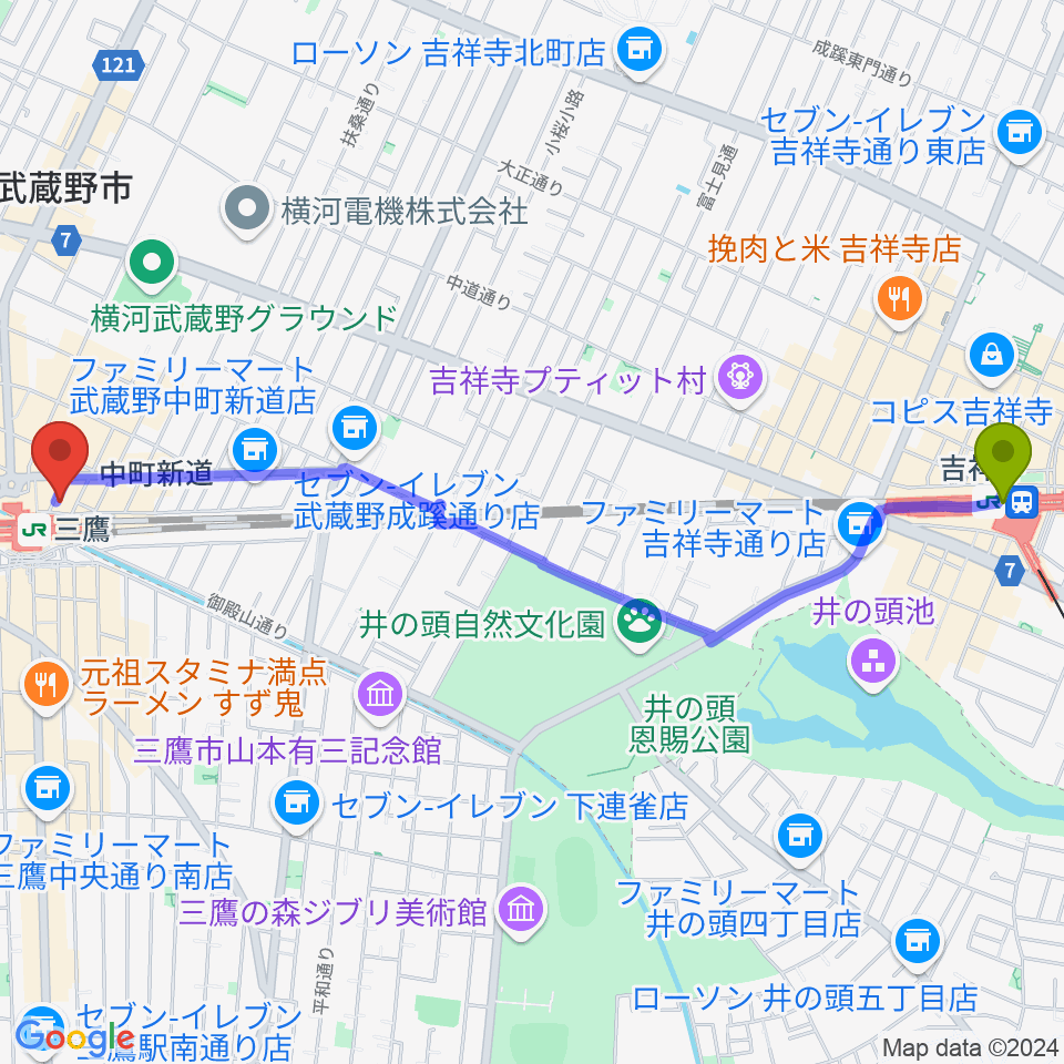 吉祥寺駅から武蔵野芸能劇場へのルートマップ地図