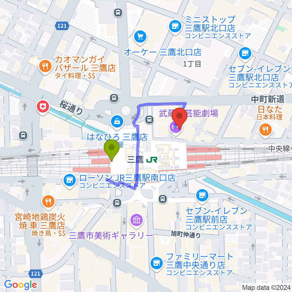 武蔵野芸能劇場の最寄駅三鷹駅からの徒歩ルート（約2分）地図