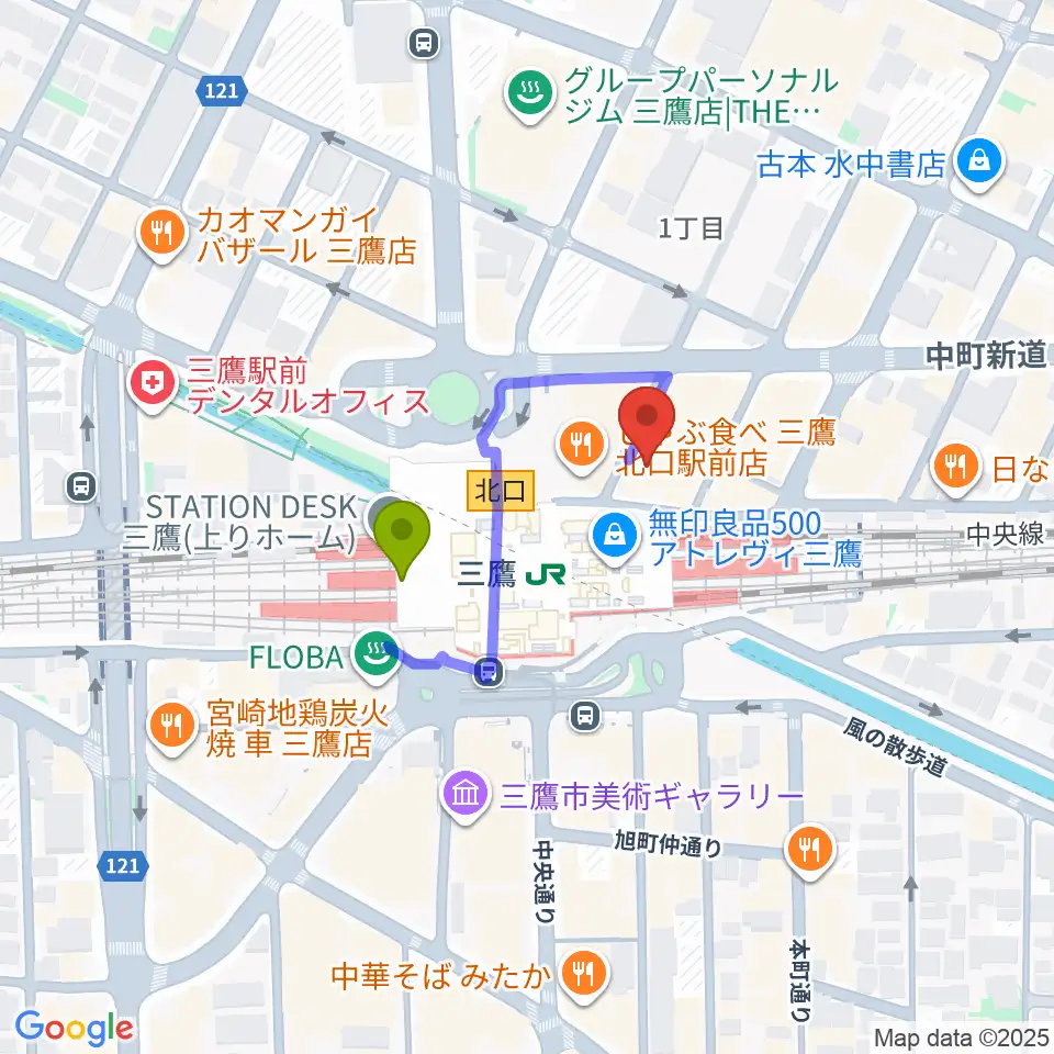 武蔵野芸能劇場の最寄駅三鷹駅からの徒歩ルート（約2分）地図