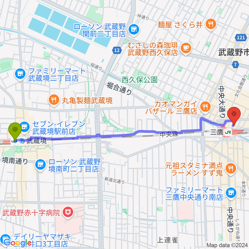 武蔵境駅から武蔵野芸能劇場へのルートマップ地図