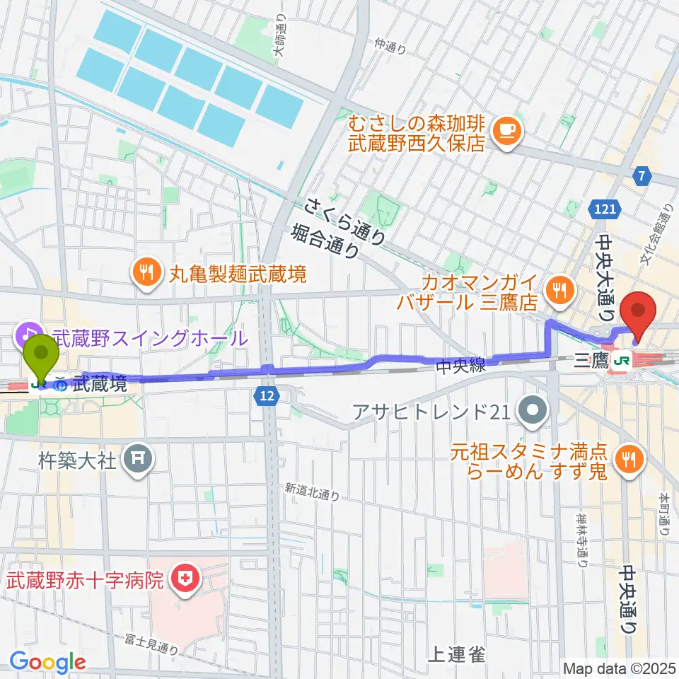 武蔵境駅から武蔵野芸能劇場へのルートマップ地図