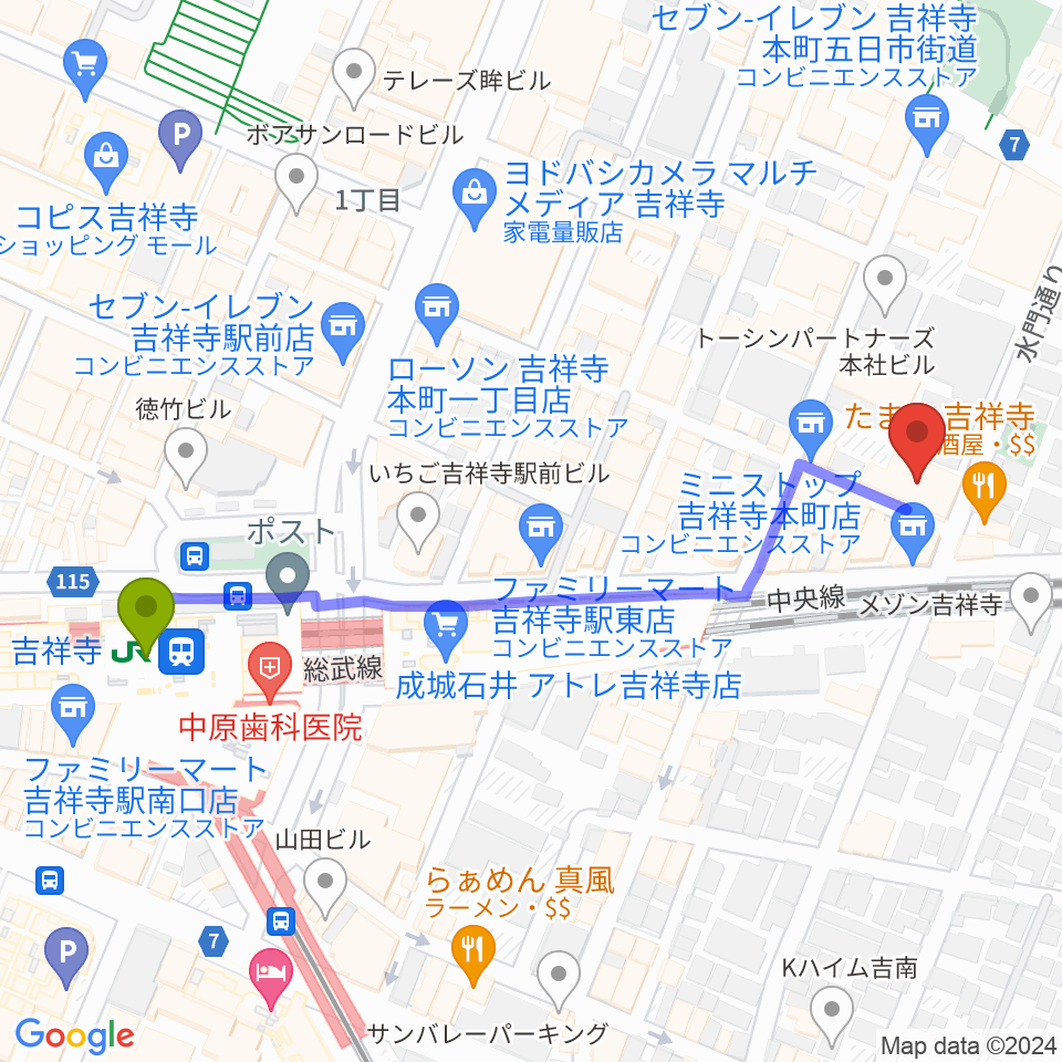 吉祥寺シアターの最寄駅吉祥寺駅からの徒歩ルート（約6分）地図