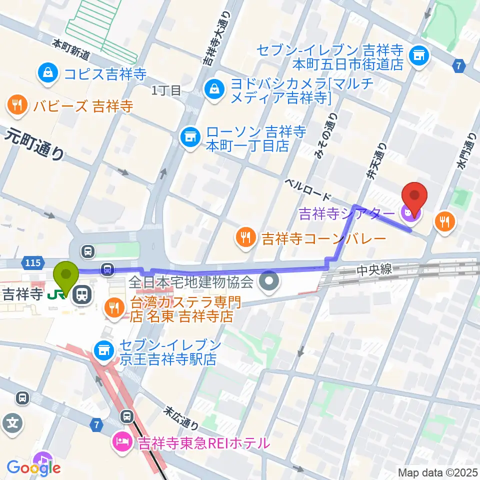吉祥寺シアターの最寄駅吉祥寺駅からの徒歩ルート（約6分）地図
