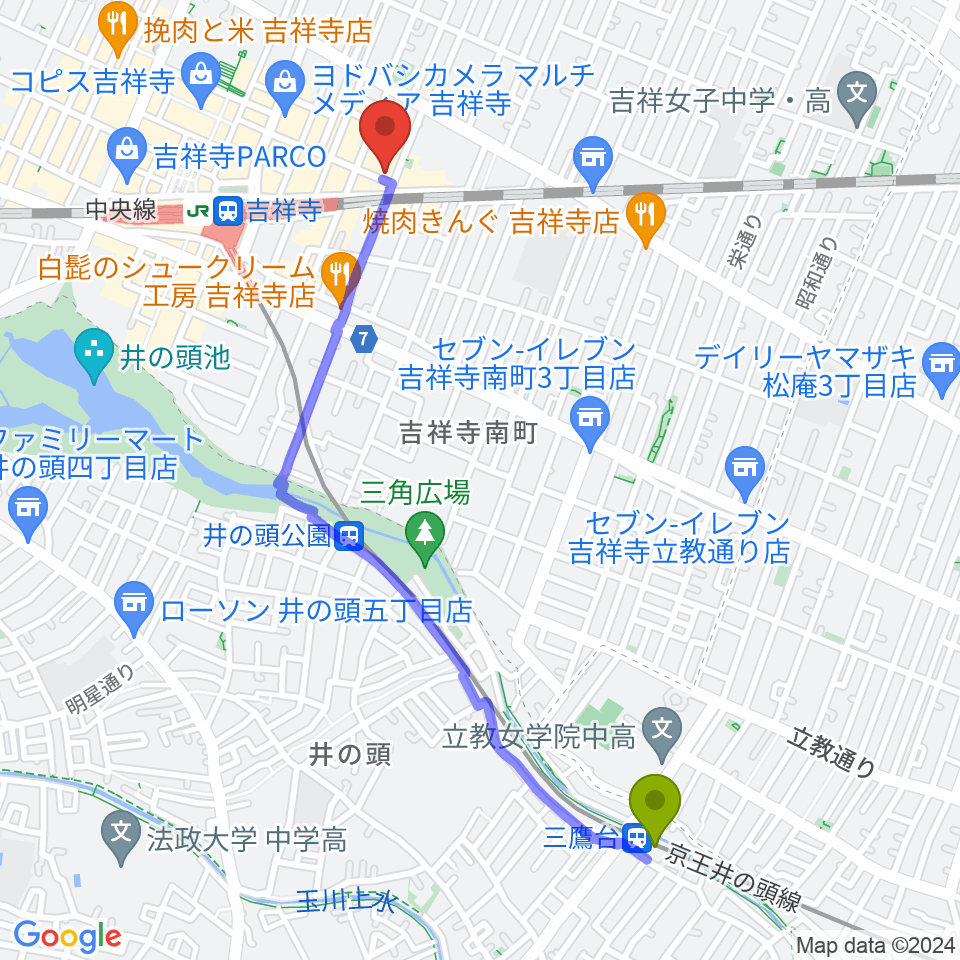 三鷹台駅から吉祥寺シアターへのルートマップ地図