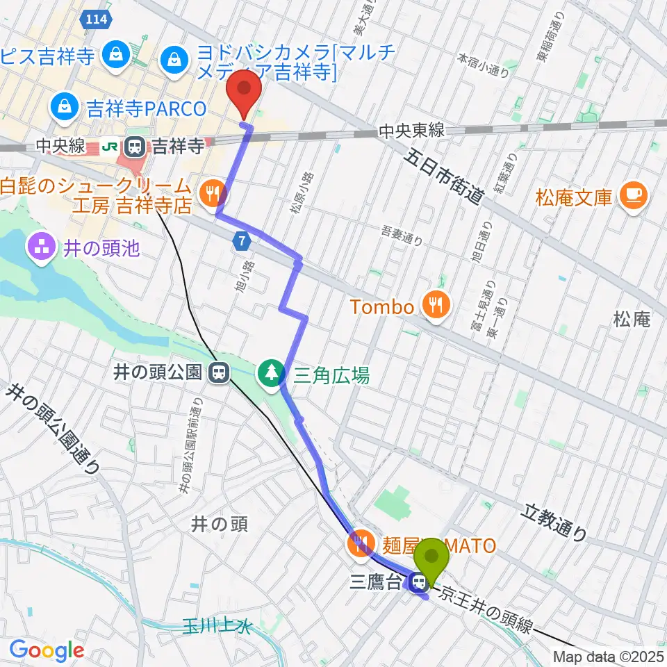 三鷹台駅から吉祥寺シアターへのルートマップ地図