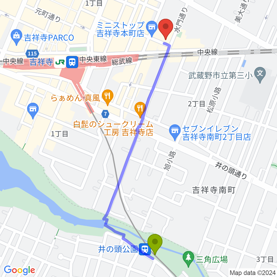 井の頭公園駅から吉祥寺シアターへのルートマップ地図