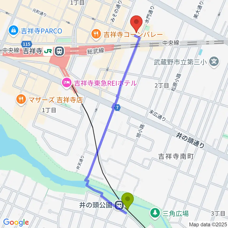 井の頭公園駅から吉祥寺シアターへのルートマップ地図