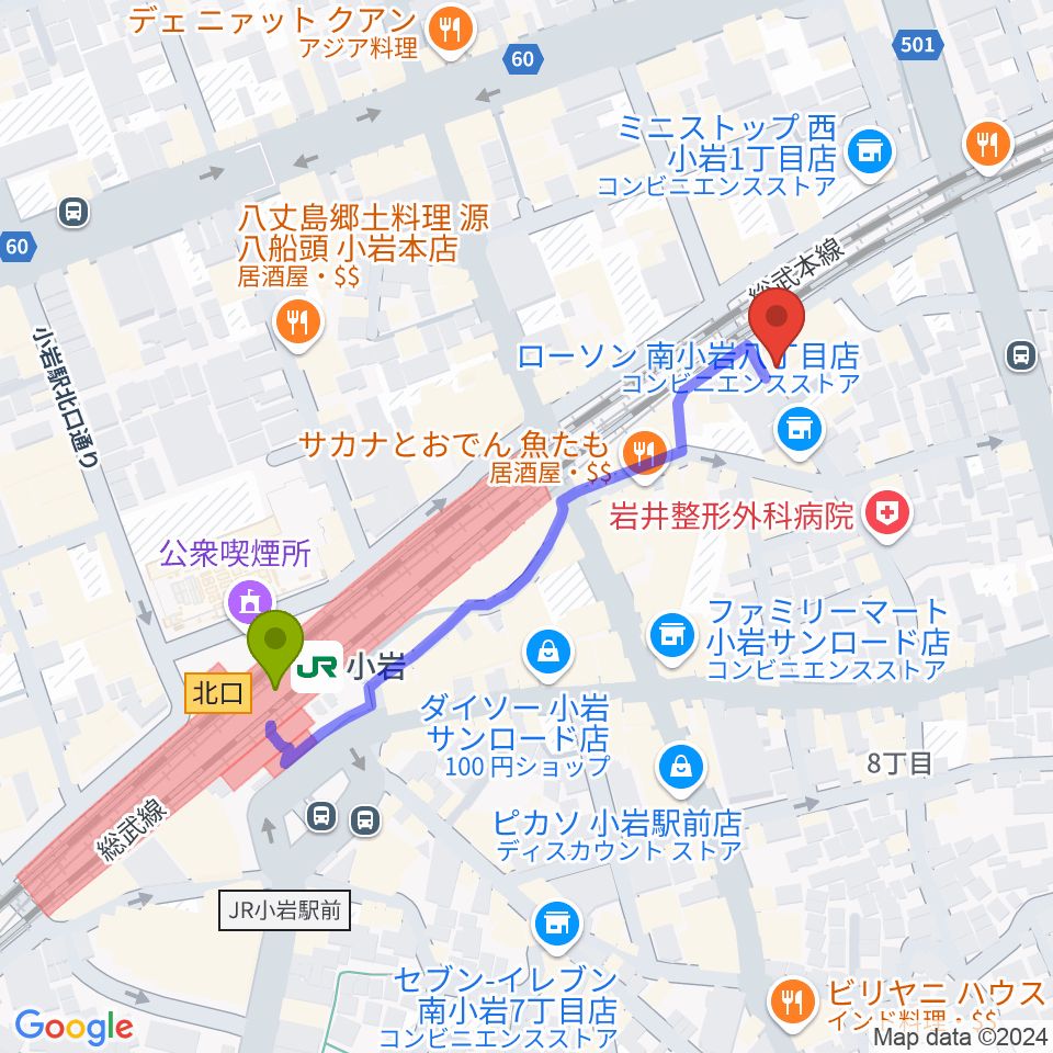 小岩BACK IN TIMEの最寄駅小岩駅からの徒歩ルート（約4分）地図