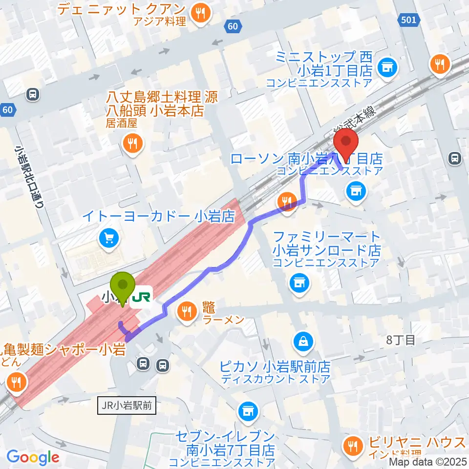 小岩BACK IN TIMEの最寄駅小岩駅からの徒歩ルート（約4分）地図