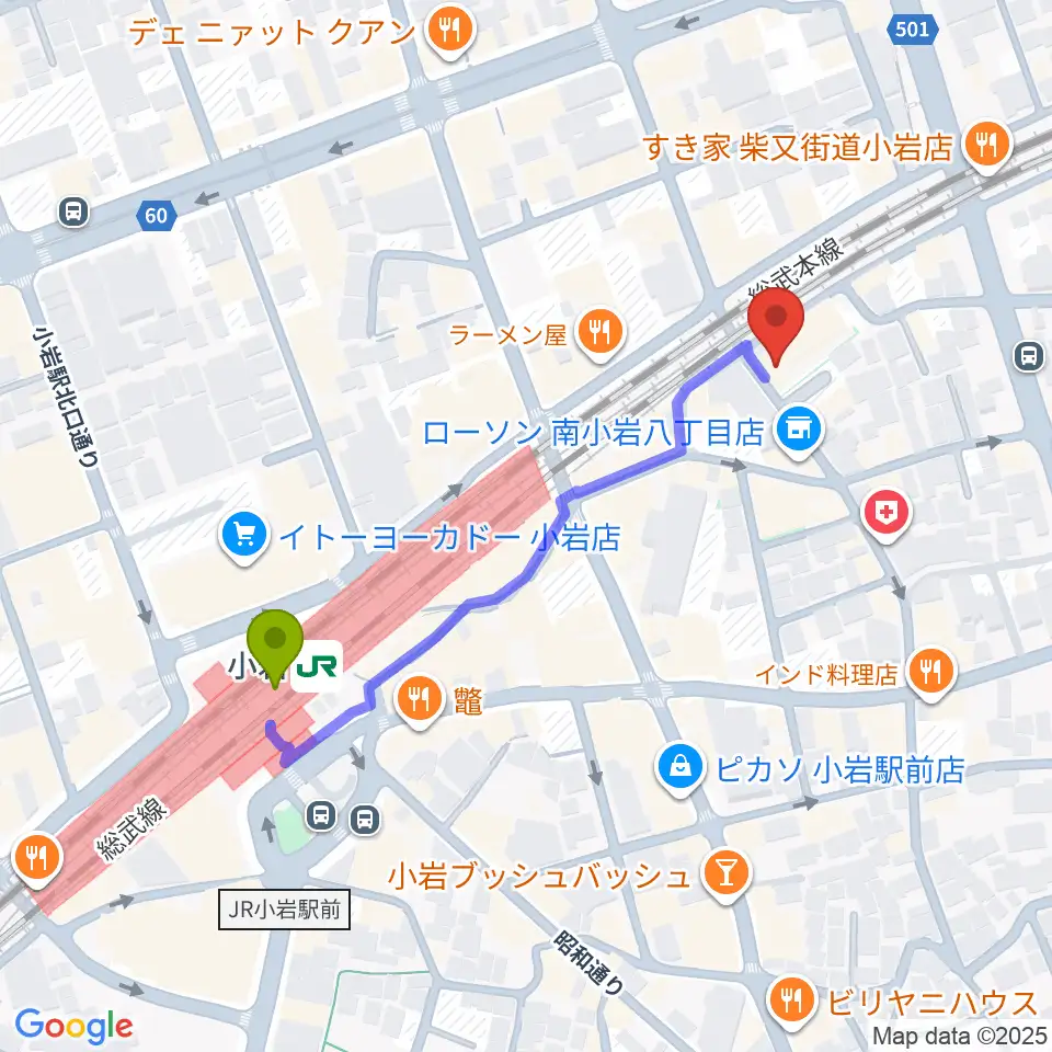 小岩BACK IN TIMEの最寄駅小岩駅からの徒歩ルート（約4分）地図