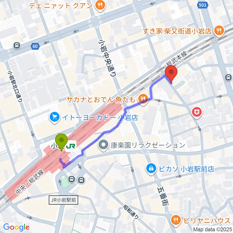 小岩BACK IN TIMEの最寄駅小岩駅からの徒歩ルート（約4分）地図