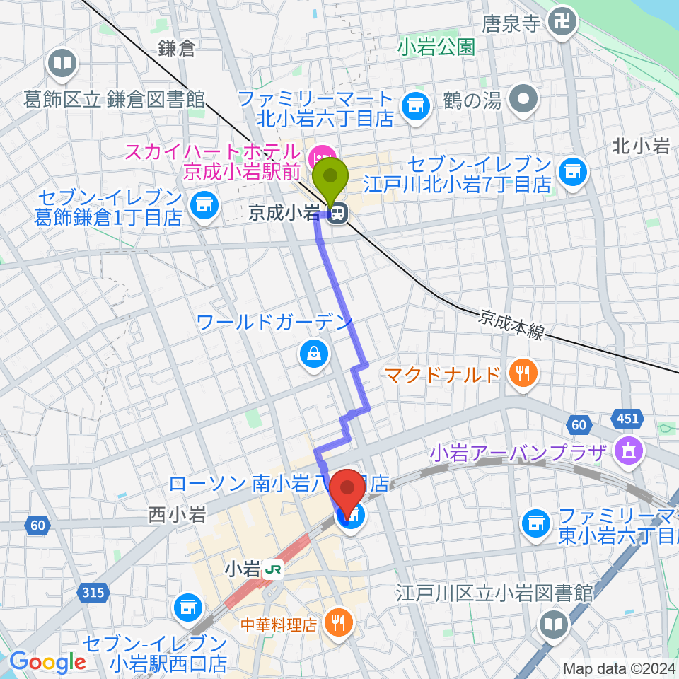 京成小岩駅から小岩BACK IN TIMEへのルートマップ地図