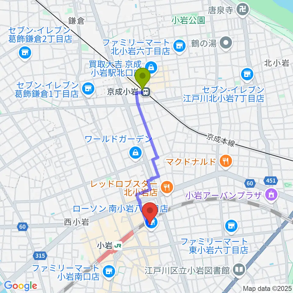 京成小岩駅から小岩BACK IN TIMEへのルートマップ地図