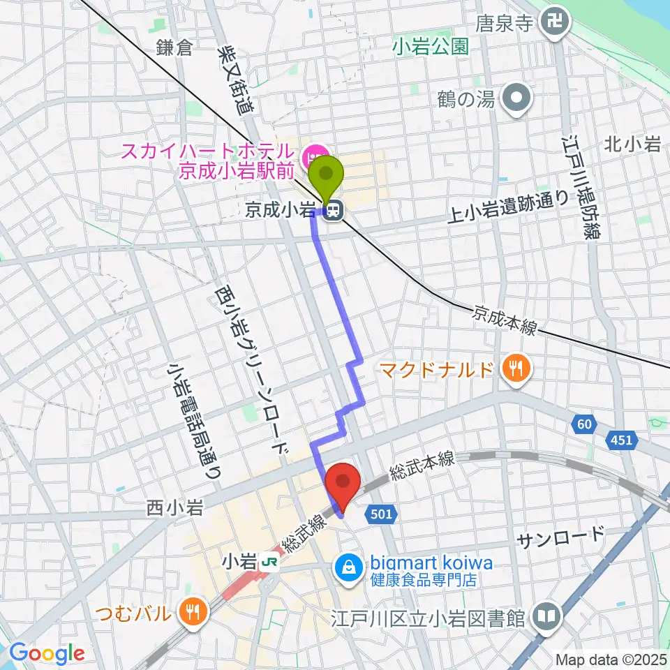 京成小岩駅から小岩BACK IN TIMEへのルートマップ地図