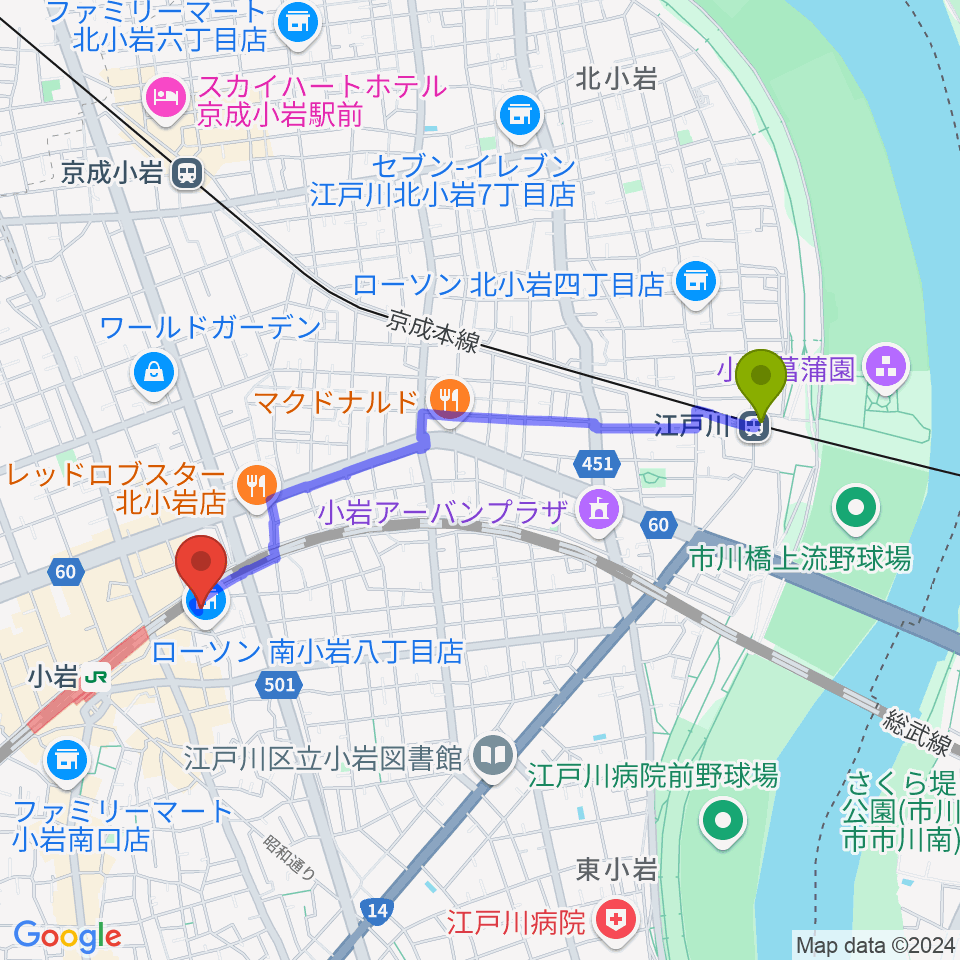 江戸川駅から小岩BACK IN TIMEへのルートマップ地図