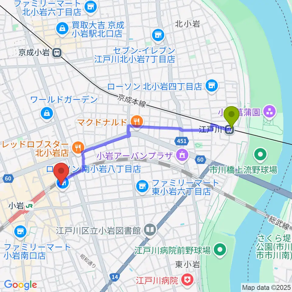 江戸川駅から小岩BACK IN TIMEへのルートマップ地図