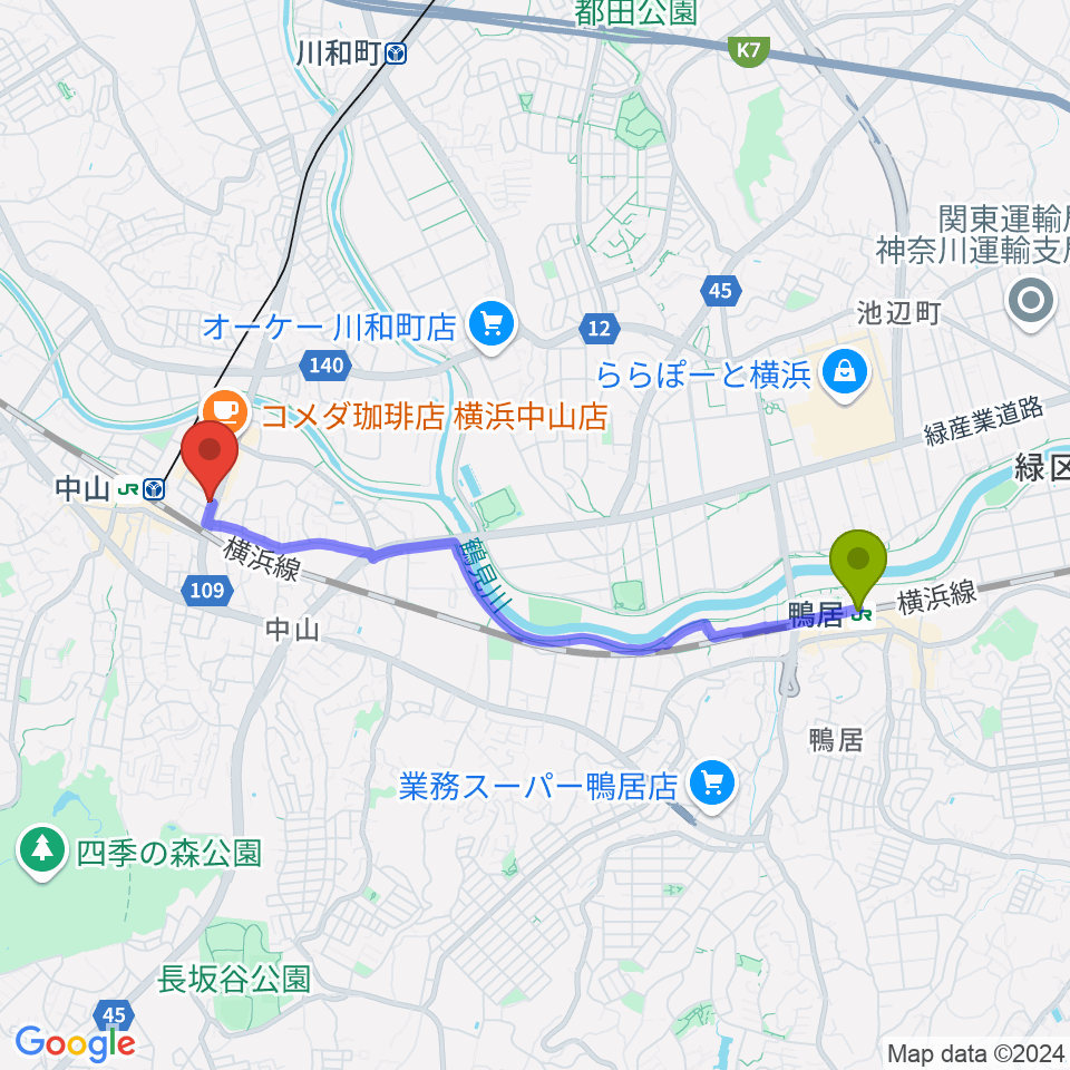 鴨居駅から山響楽器店 中山店へのルートマップ地図