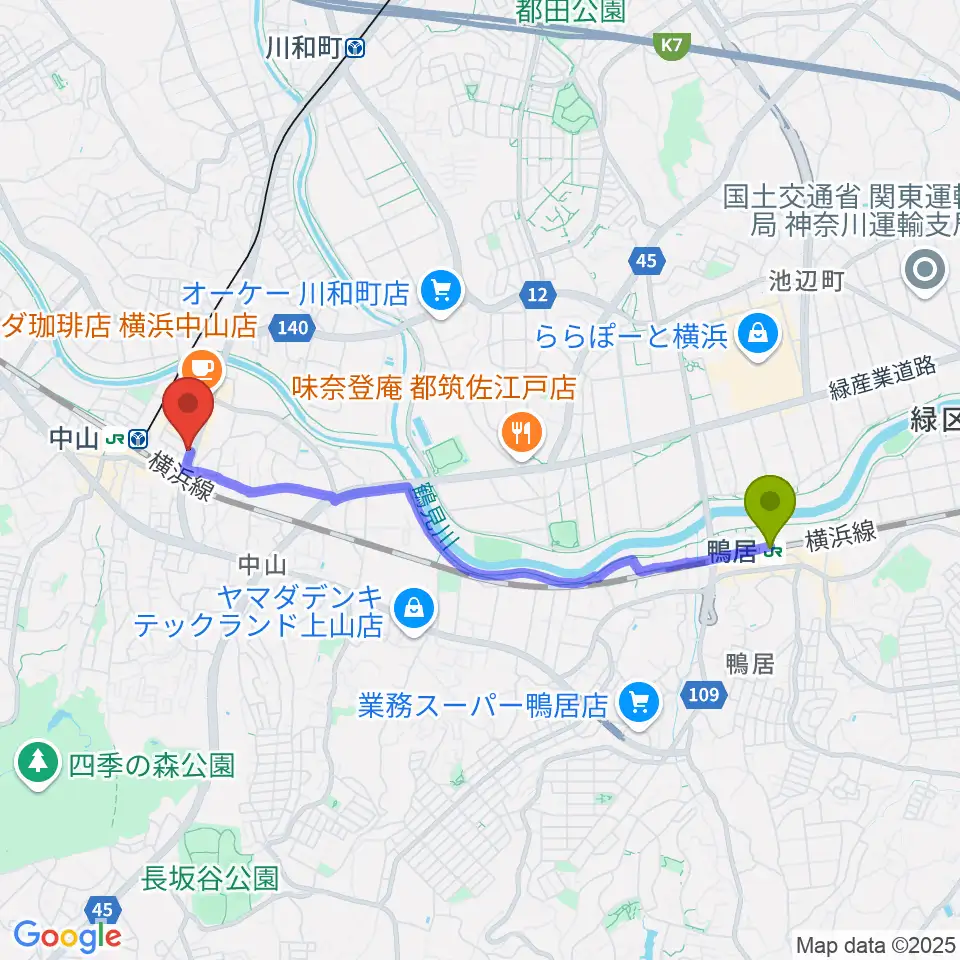 鴨居駅から山響楽器店 中山店へのルートマップ地図