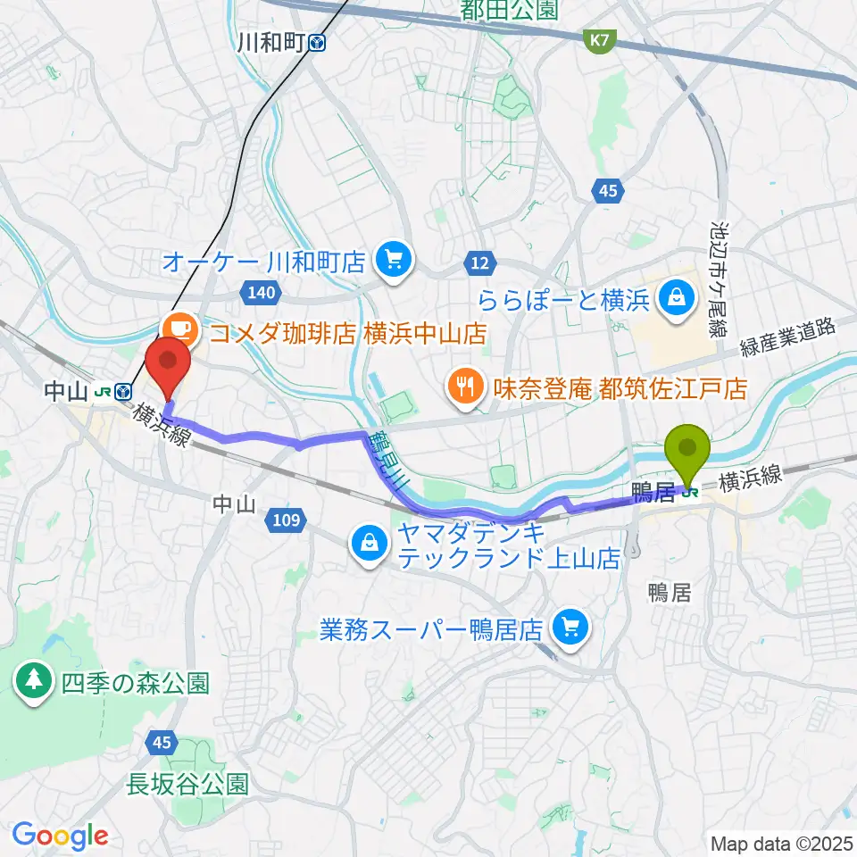 鴨居駅から山響楽器店 中山店へのルートマップ地図