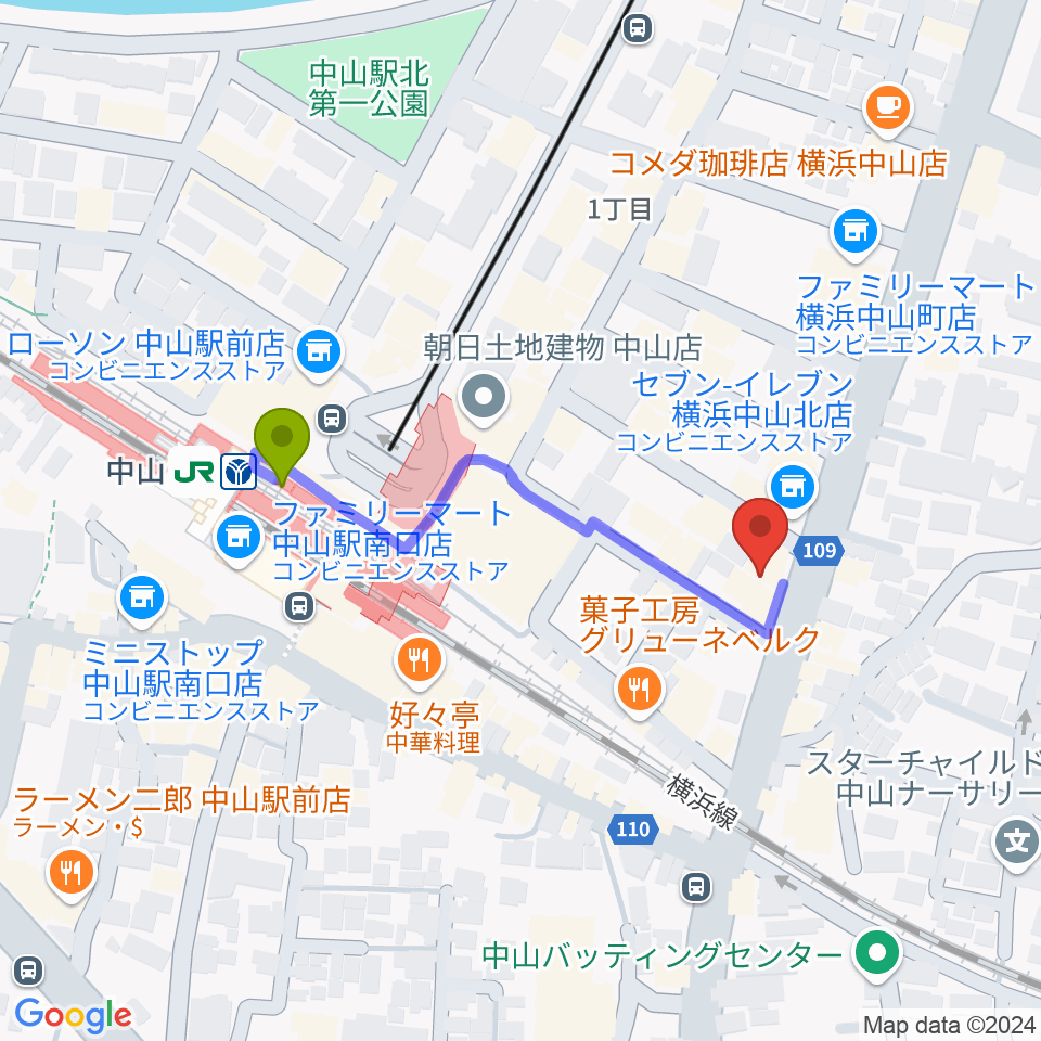 山響楽器店 中山店の最寄駅中山駅からの徒歩ルート（約4分）地図