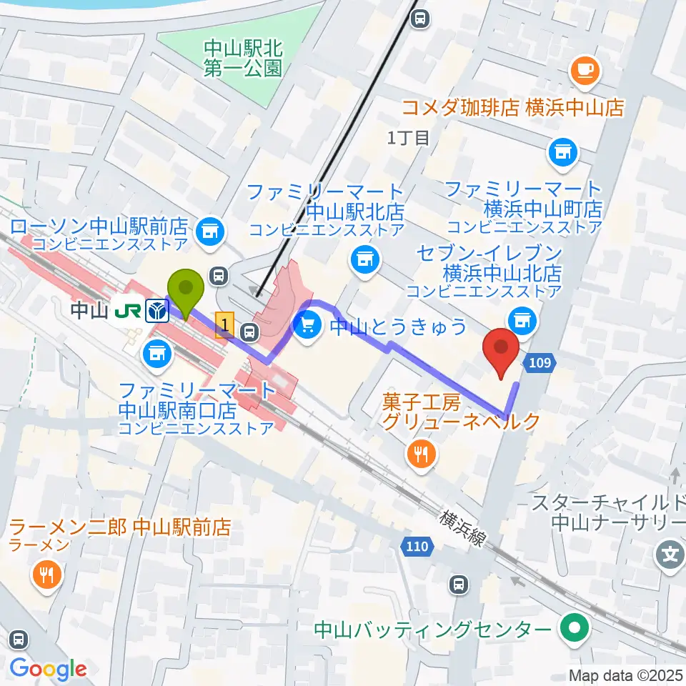 山響楽器店 中山店の最寄駅中山駅からの徒歩ルート（約4分）地図