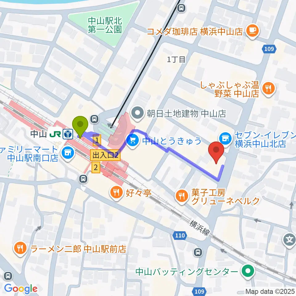 山響楽器店 中山店の最寄駅中山駅からの徒歩ルート（約4分）地図