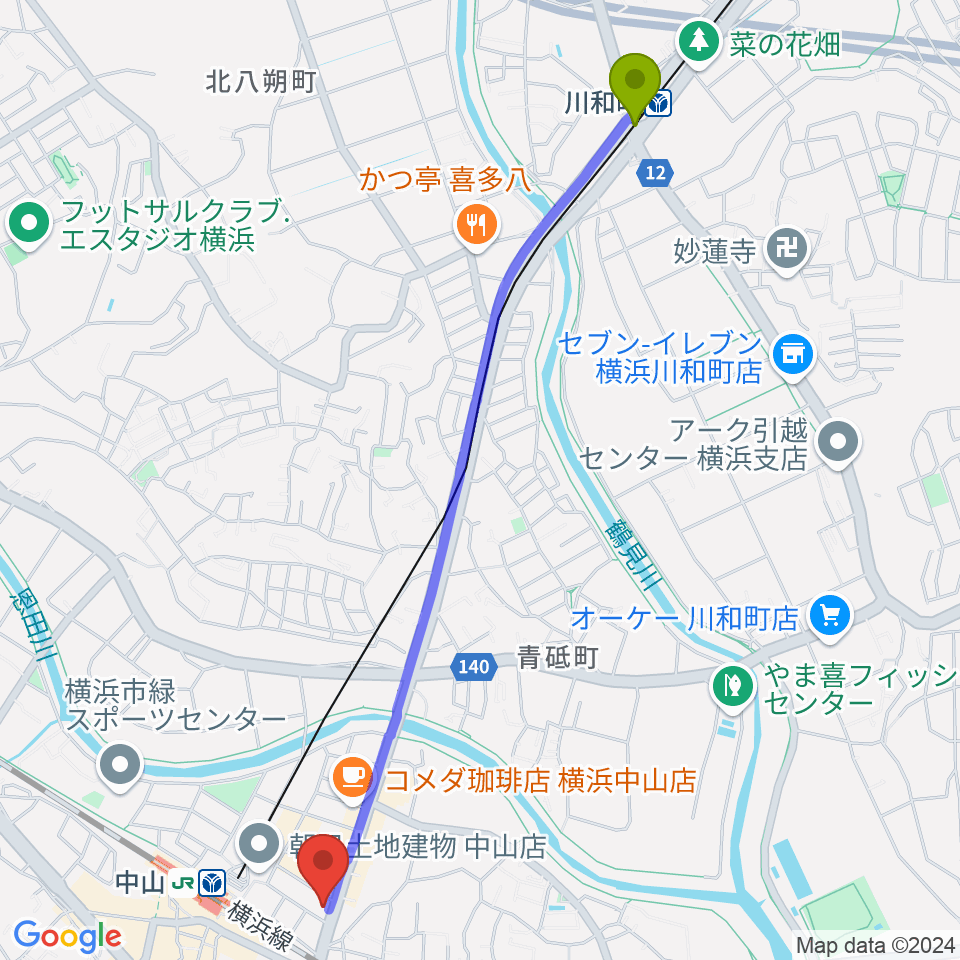 川和町駅から山響楽器店 中山店へのルートマップ地図