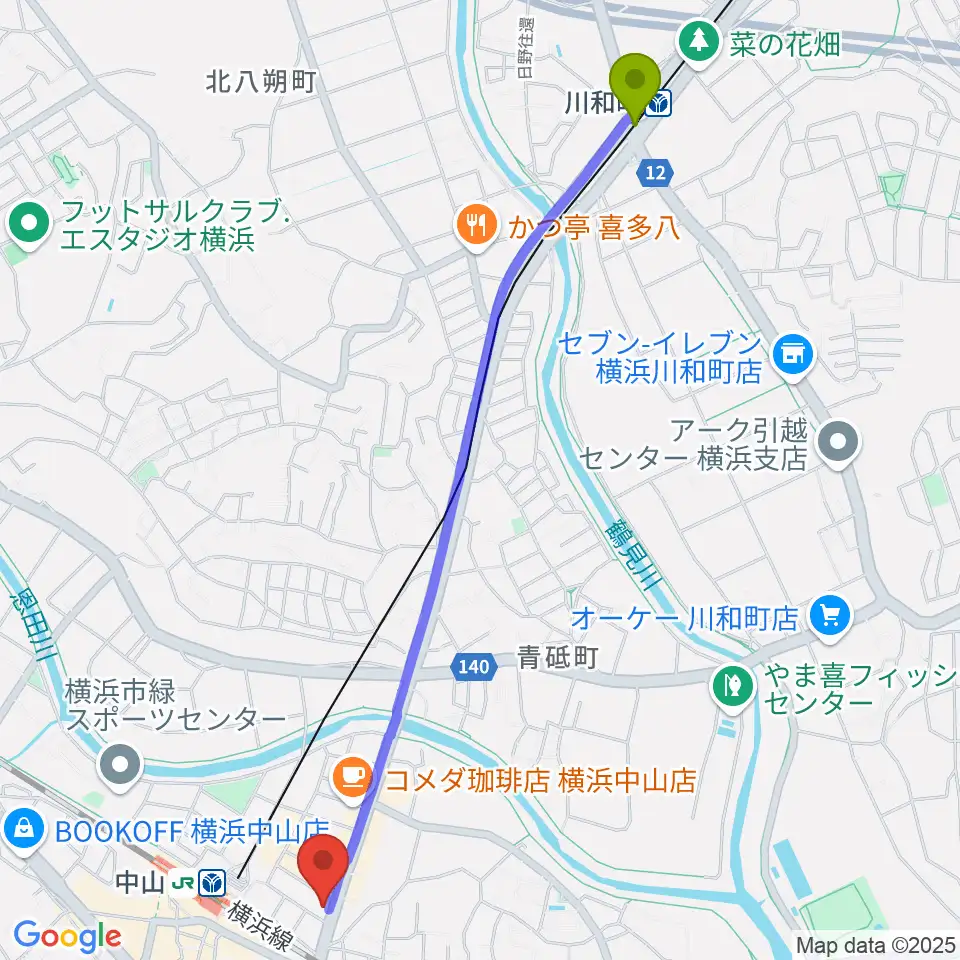 川和町駅から山響楽器店 中山店へのルートマップ地図