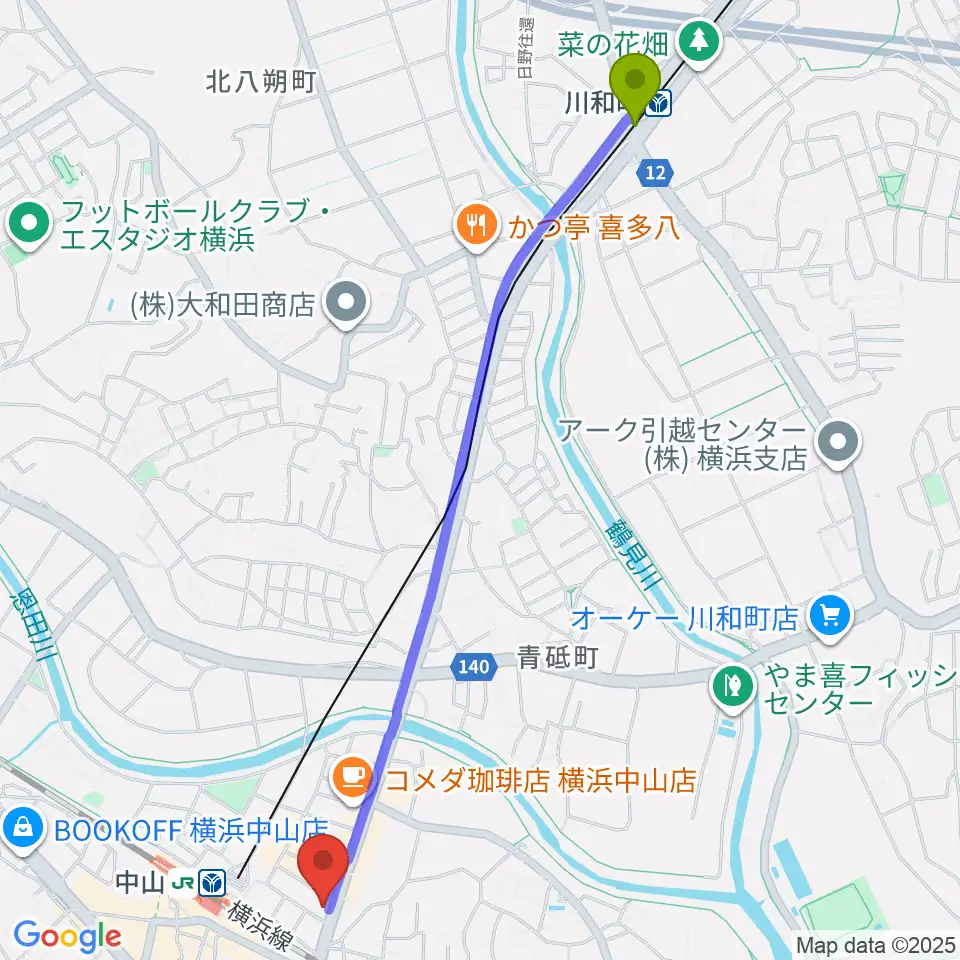 川和町駅から山響楽器店 中山店へのルートマップ地図