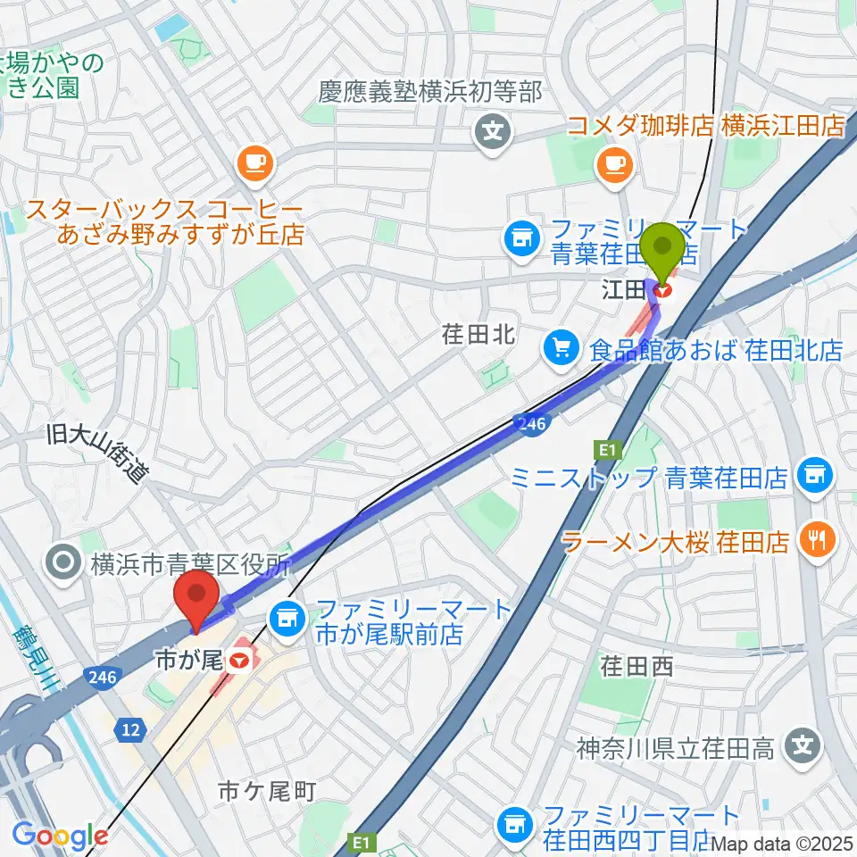 江田駅から山響楽器店 市ヶ尾センターへのルートマップ地図