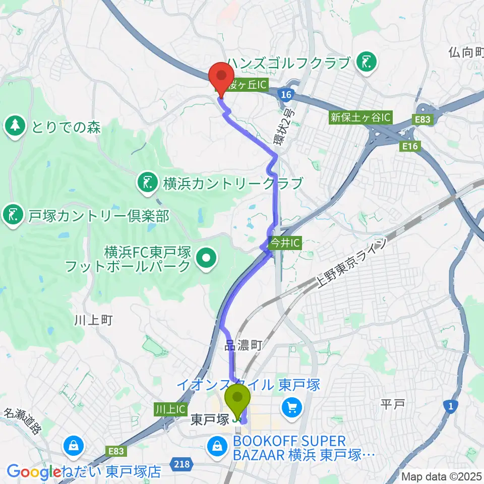 東戸塚駅から山響楽器店 美立橋教室へのルートマップ地図