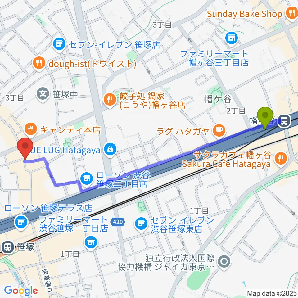 幡ヶ谷駅からMUSIC K2Mへのルートマップ地図