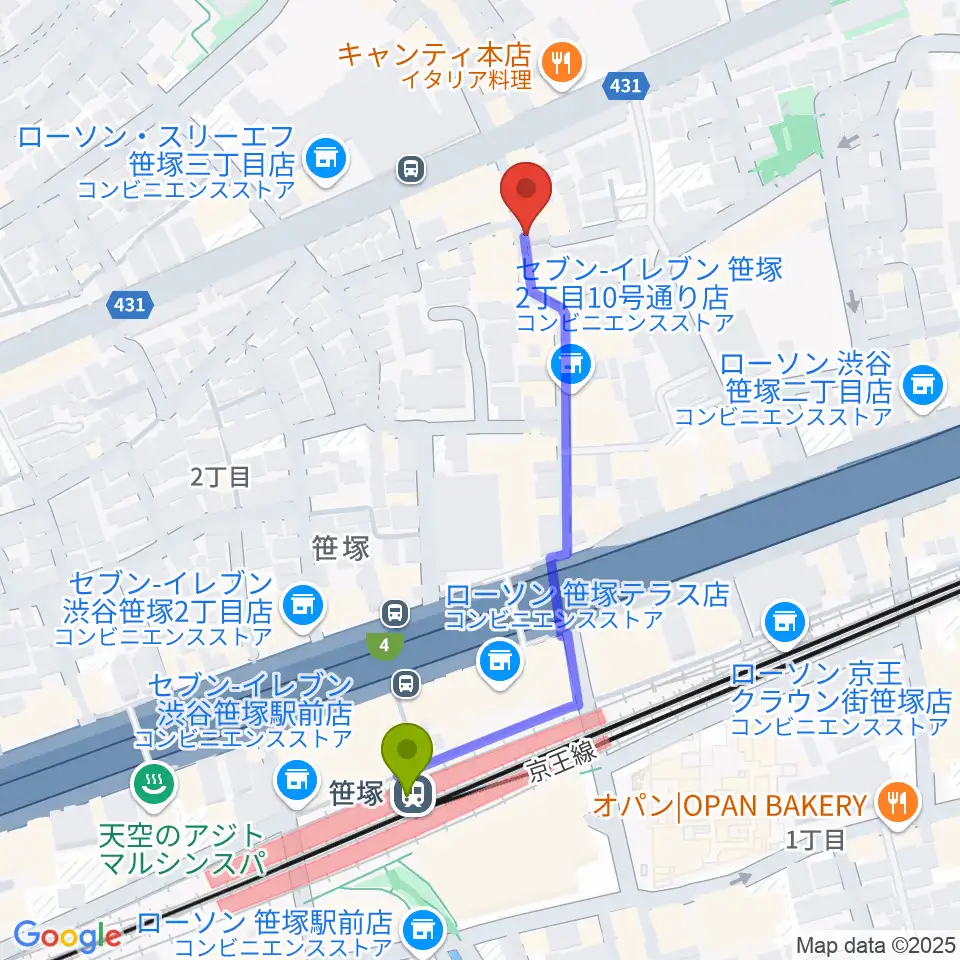 MUSIC K2Mの最寄駅笹塚駅からの徒歩ルート（約5分）地図