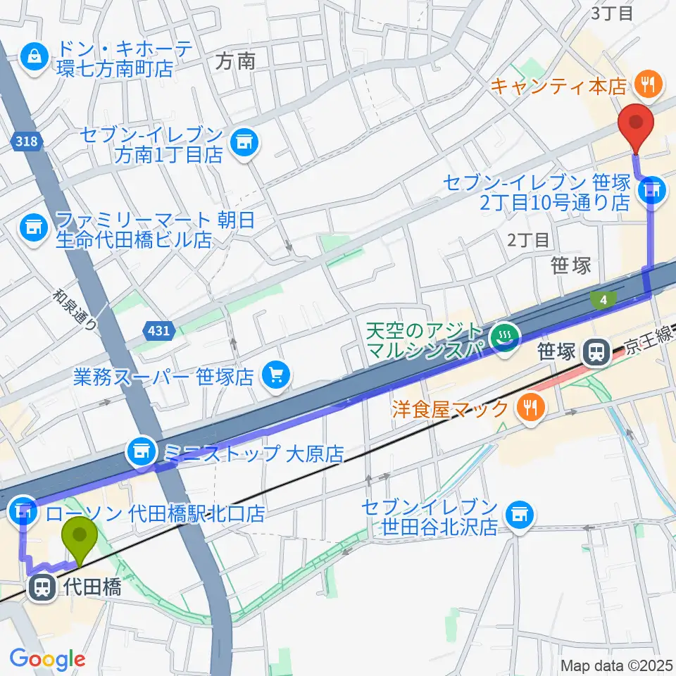 代田橋駅からMUSIC K2Mへのルートマップ地図