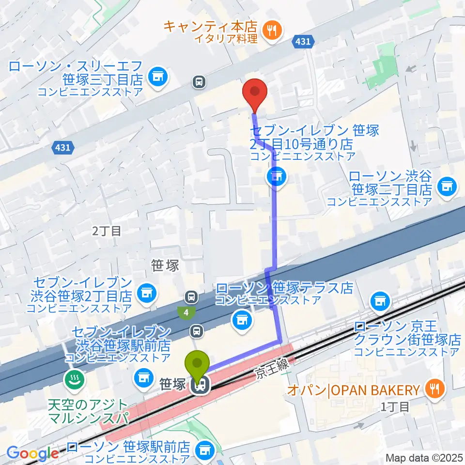 笹塚駅からMUSIC K2Mへのルートマップ地図