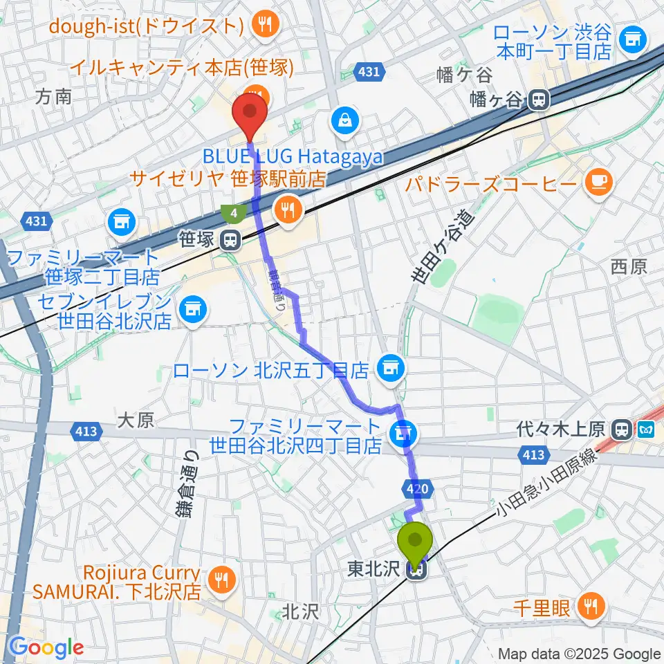 東北沢駅からMUSIC K2Mへのルートマップ地図