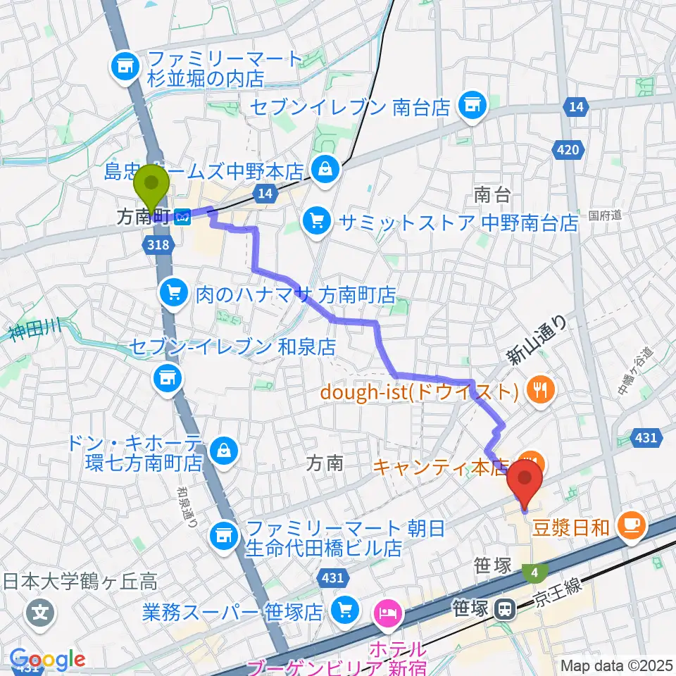 方南町駅からMUSIC K2Mへのルートマップ地図