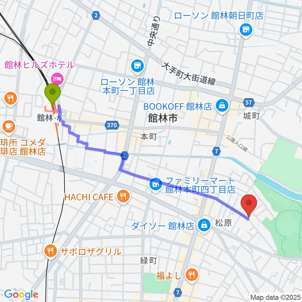 オトワ楽器 ハミングパーク松原の最寄駅館林駅からの徒歩ルート（約23分）地図