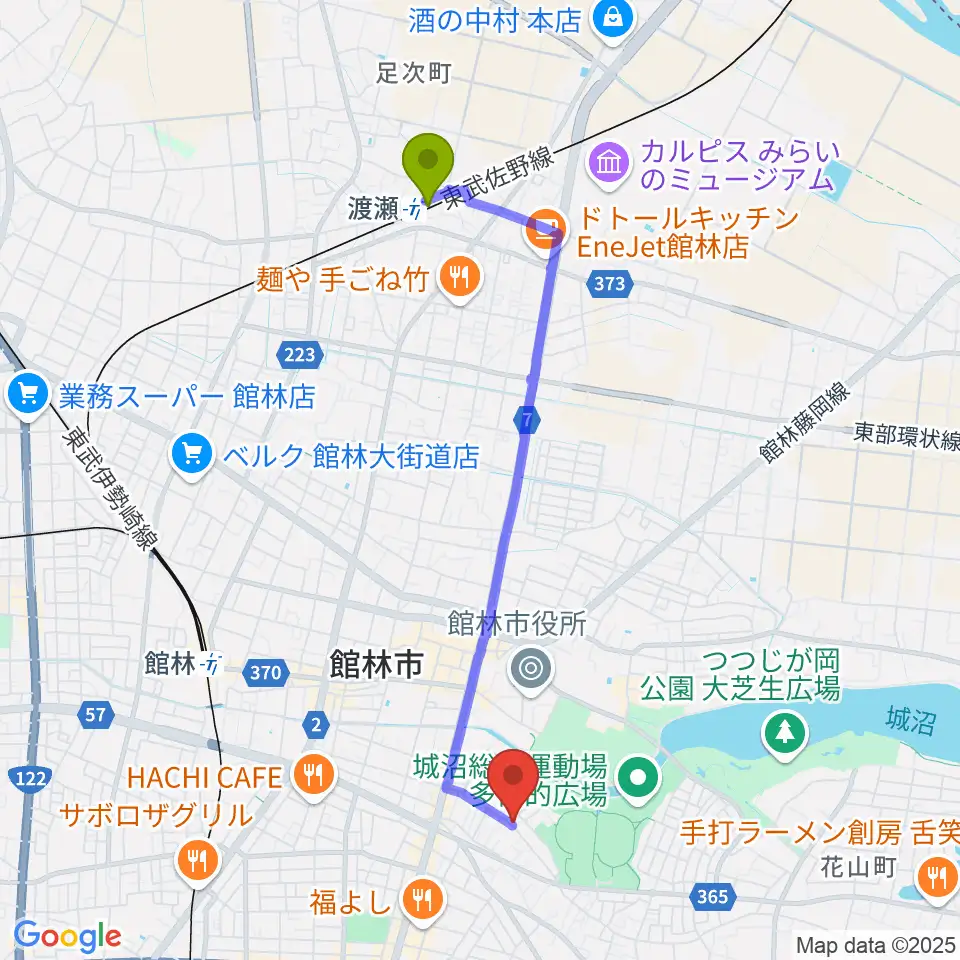 渡瀬駅からオトワ楽器 ハミングパーク松原へのルートマップ地図