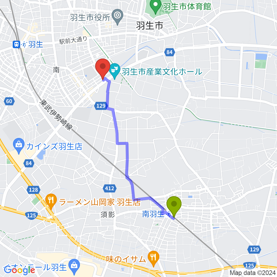 南羽生駅からオトワ楽器 ハミングパーク羽生へのルートマップ地図