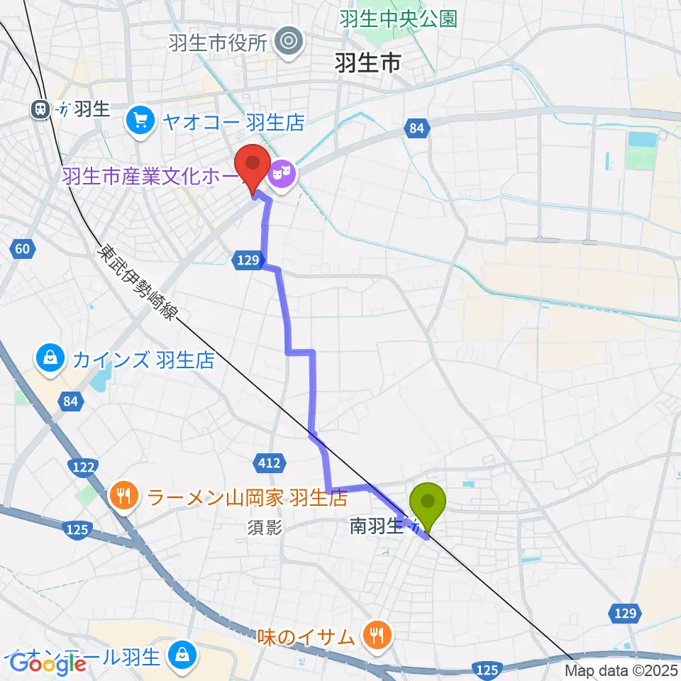 南羽生駅からオトワ楽器 ハミングパーク羽生へのルートマップ地図