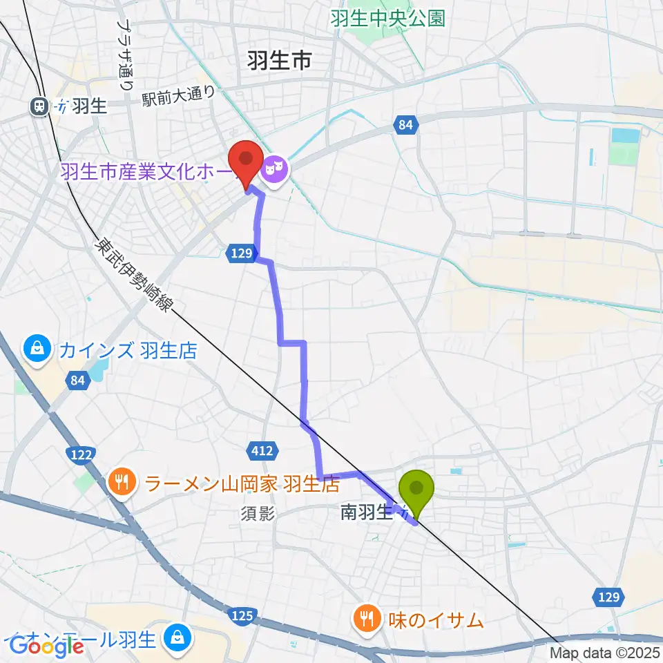 南羽生駅からオトワ楽器 ハミングパーク羽生へのルートマップ地図